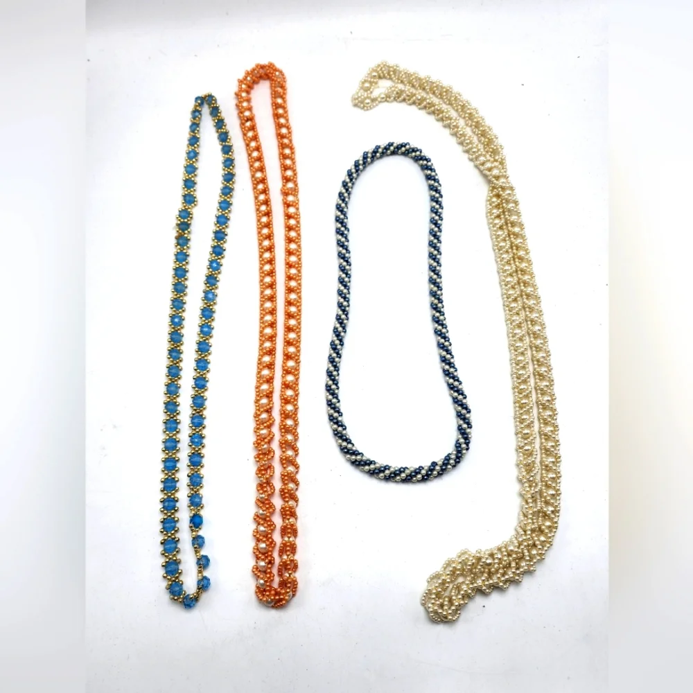 Vtg Lot of 4 Beaded Necklaces Faux Pearl Handmade Opera Length Classic Fashion